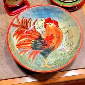 Large Ceramic Serving Bowl Rooster Farmhouse Kitchenware Dishwasher Safe